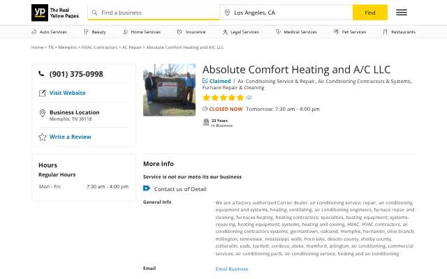 Absolute Comfort Heating and A/C's page as the assistant saw it
