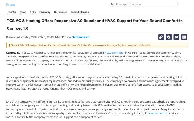 TCS AC & Heating's page as the assistant saw it
