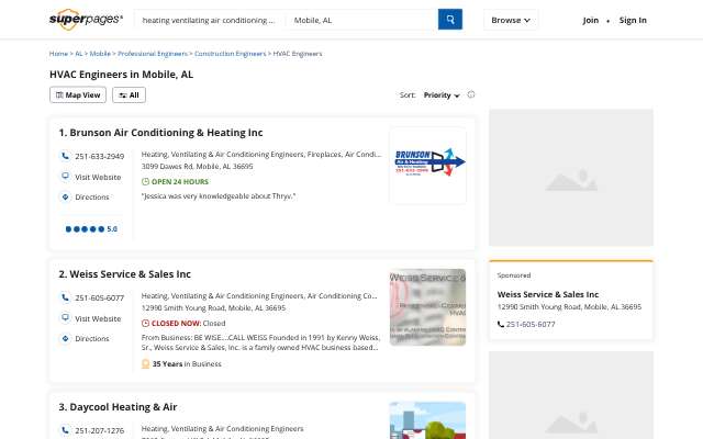 Brunson Air Conditioning & Heating Inc's page as the assistant saw it
