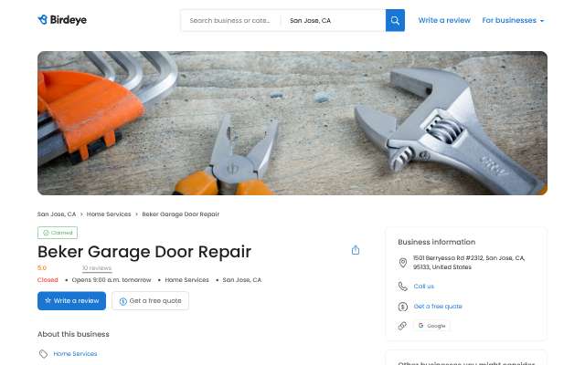 Beker Garage Door Repair's page as the assistant saw it