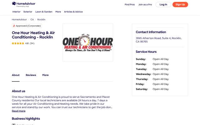 One Hour Heating & Air Conditioning - Rocklin's page as the assistant saw it