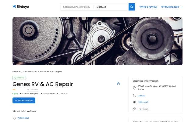 Gene's RV & AC Repair's page as the assistant saw it