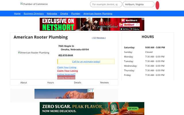 American Rooter Plumbing's page as the assistant saw it