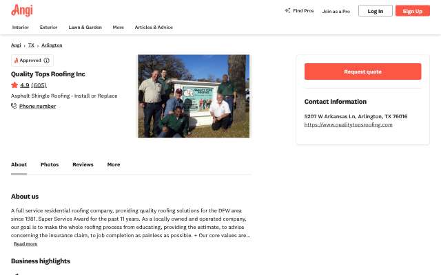 Page cited for Quality Tops Roofing Inc