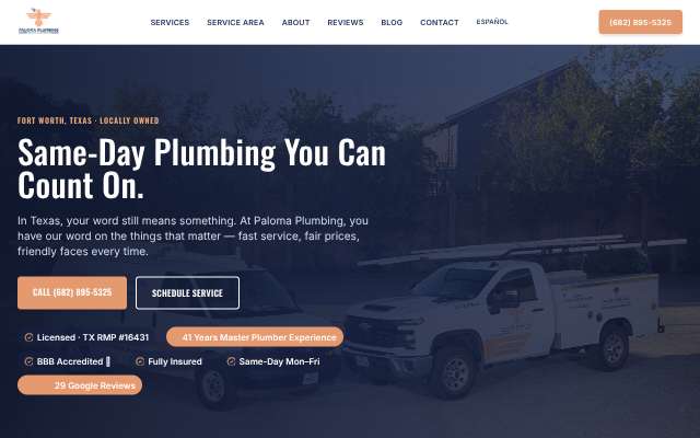 Paloma Plumbing's page as the assistant saw it
