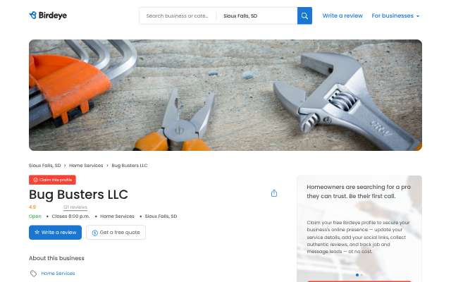 Bug Busters LLC's page as the assistant saw it