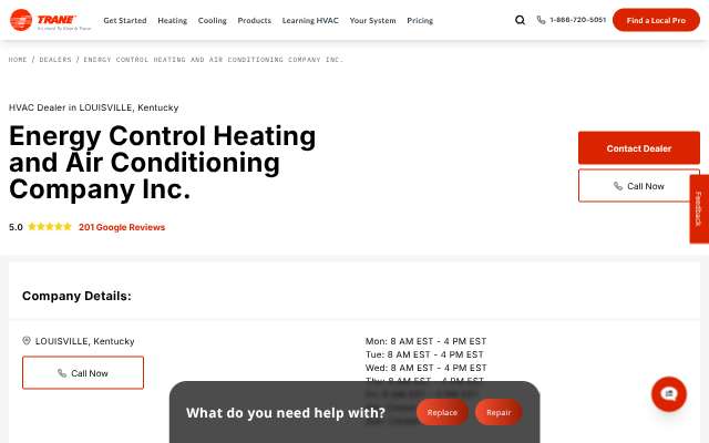 Energy Control Heating and Air Conditioning Company Inc.'s page as the assistant saw it