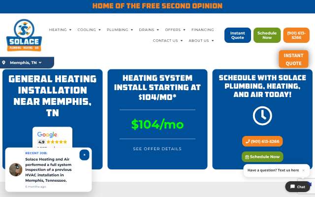 Solace Plumbing, Heating, and Air's page as the assistant saw it