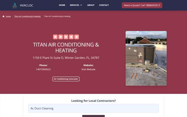 Titan Air Conditioning & Heating's page as the assistant saw it