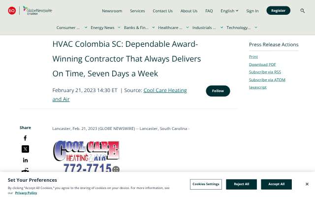 Cool Care Heating and Air's page as the assistant saw it
