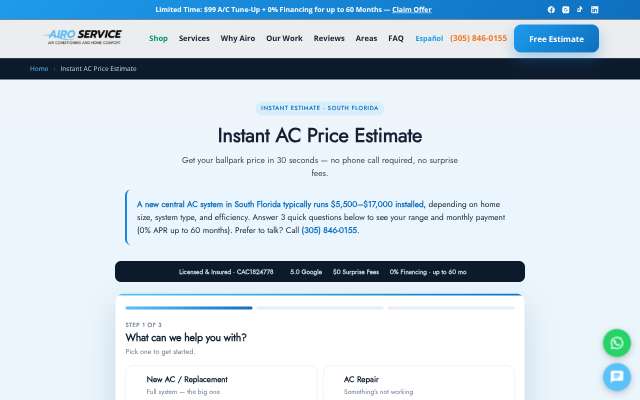 Airo Service's page as the assistant saw it