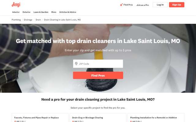 Angi drain cleaners list (Lake Saint Louis)'s page as the assistant saw it