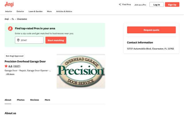 Precision Overhead Garage Door's page as the assistant saw it