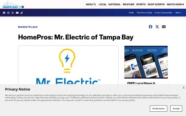 Mr. Electric of Tampa Bay's page as the assistant saw it