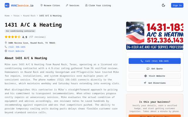 1431 A/C & Heating's page as the assistant saw it