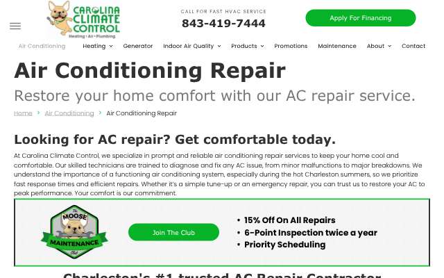 Carolina Climate Control's page as the assistant saw it