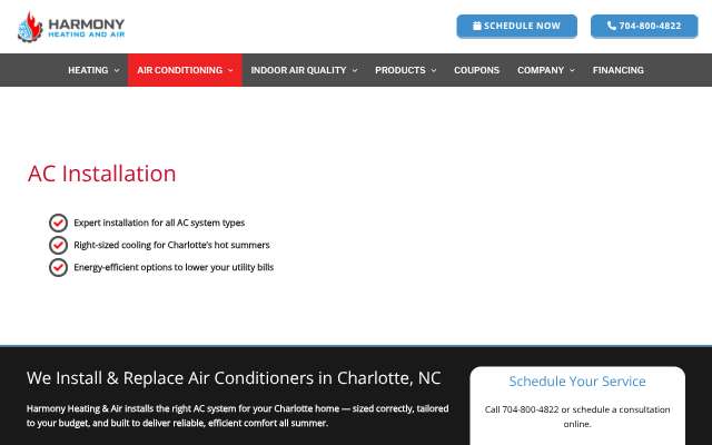 Harmony Heating & Air's page as the assistant saw it