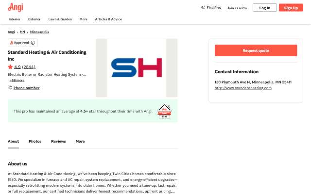 Standard Heating & Air Conditioning's page as the assistant saw it