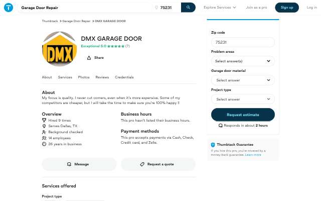 DMX Garage Door's page as the assistant saw it