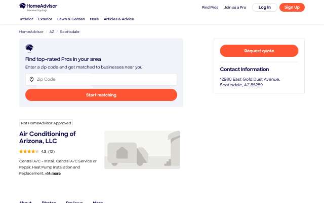 Air Conditioning of Arizona, LLC's page as the assistant saw it