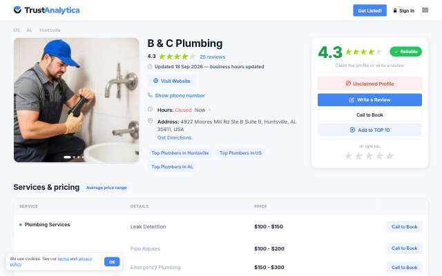 B & C Plumbing's page as the assistant saw it
