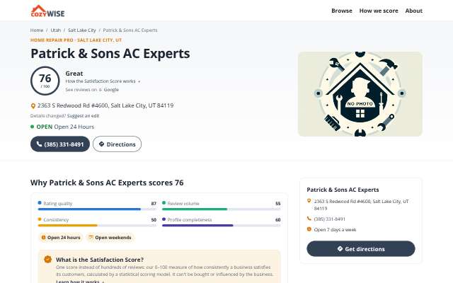 Patrick & Sons AC Experts's page as the assistant saw it