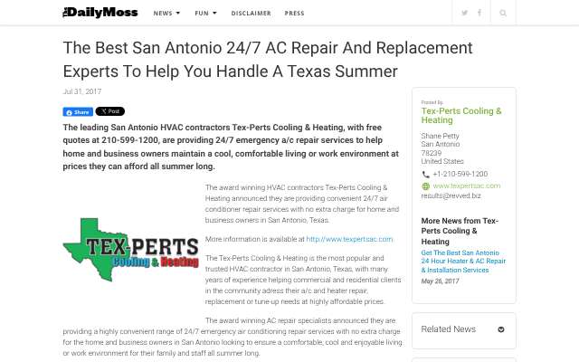 Tex-Perts Cooling & Heating's page as the assistant saw it