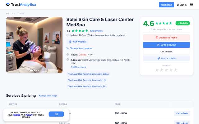 Solei Skin Care & Laser Center MedSpa's page as the assistant saw it