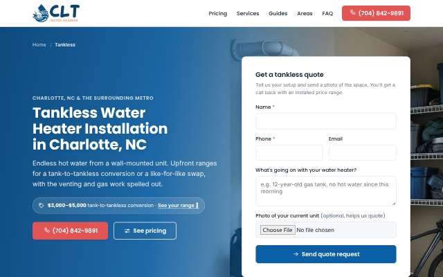 Charlotte Water Heaters (cltwaterheaters.com)'s page as the assistant saw it
