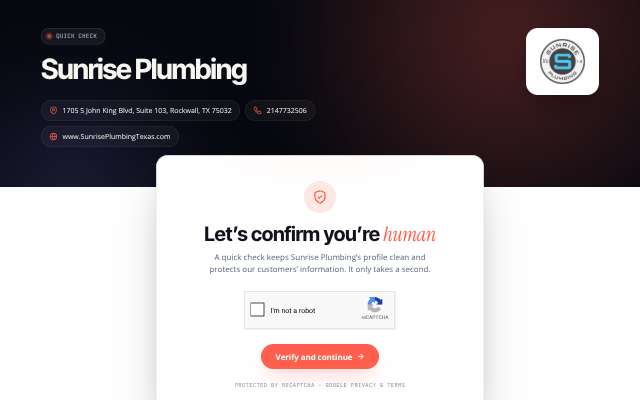 Sunrise Plumbing's page as the assistant saw it