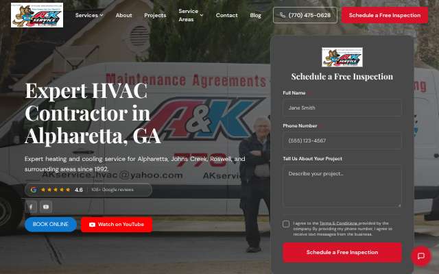 A&K Service's page as the assistant saw it