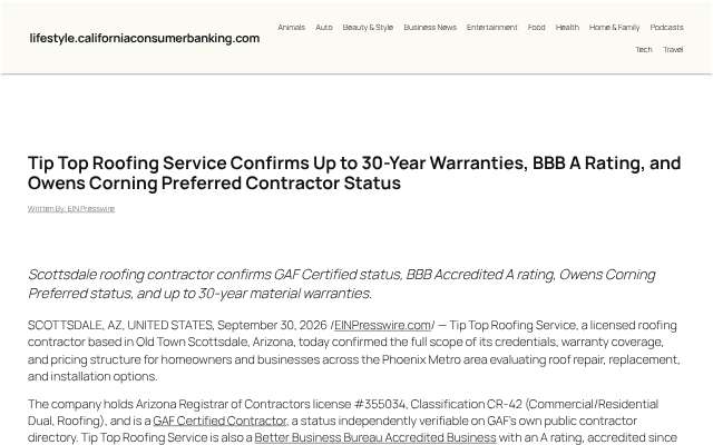 Page cited for Tip Top Roofing Service
