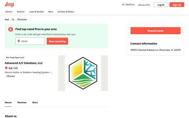 Advanced A/C Solutions, LLC's page as the assistant saw it