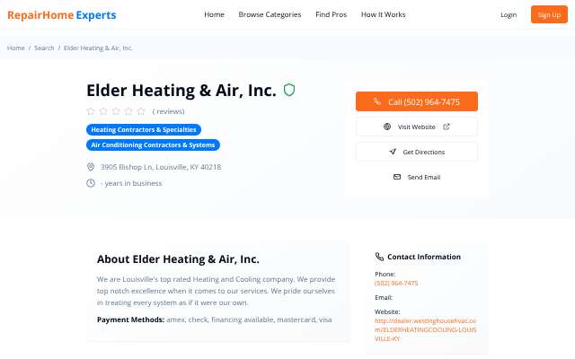 Elder Heating & Air, Inc.'s page as the assistant saw it