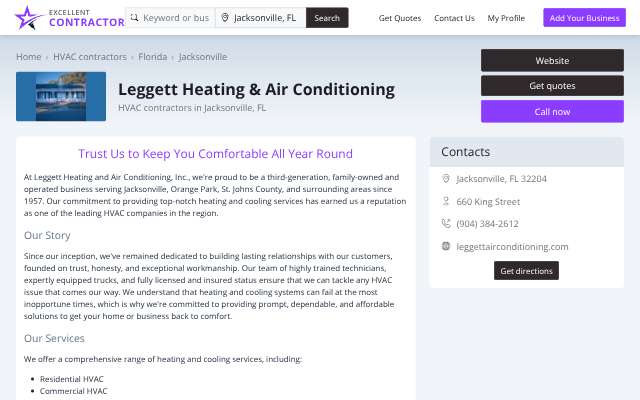 Leggett Heating and Air Conditioning's page as the assistant saw it