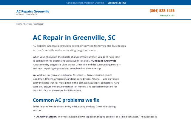 AC Repairs Greenville's page as the assistant saw it