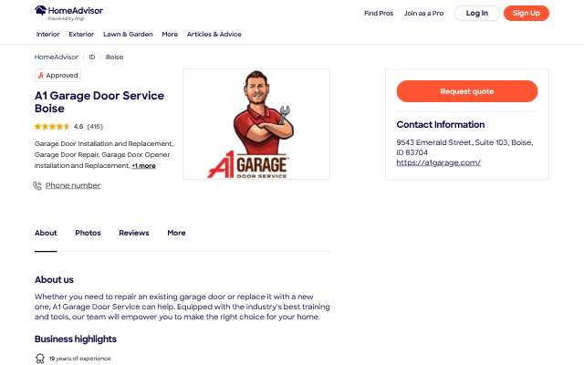 A1 Garage Door Service Boise's page as the assistant saw it