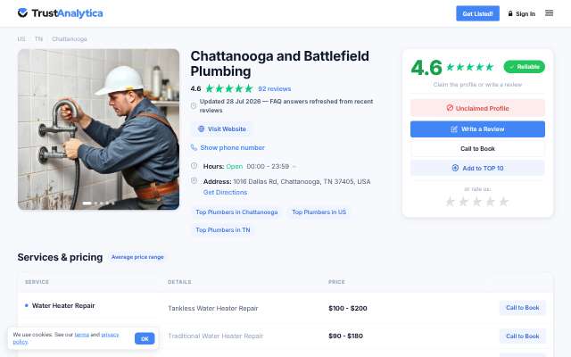 Chattanooga and Battlefield Plumbing's page as the assistant saw it