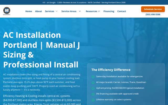 Efficiency Heating & Cooling's page as the assistant saw it
