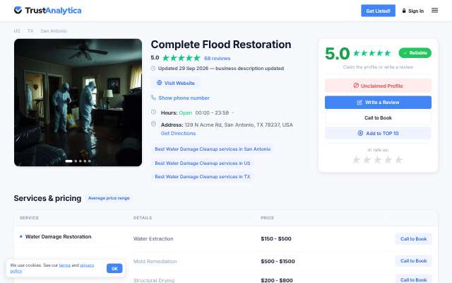 Complete Flood Restoration's page as the assistant saw it