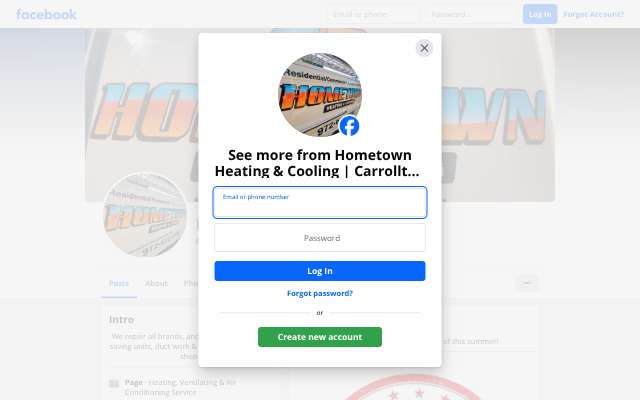 Hometown Heating & Cooling's page as the assistant saw it