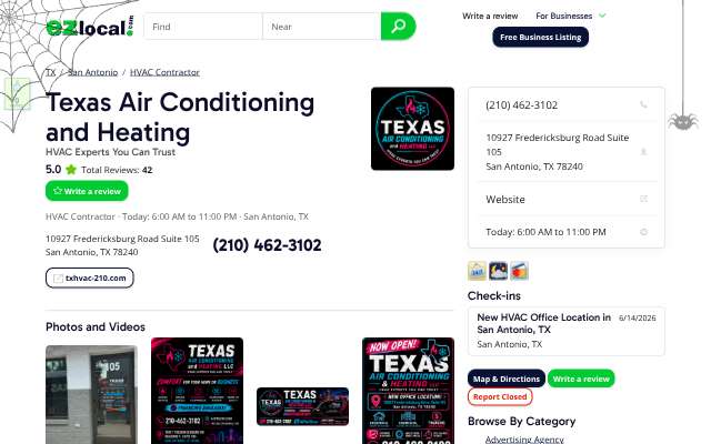 Texas Air Conditioning & Heating's page as the assistant saw it