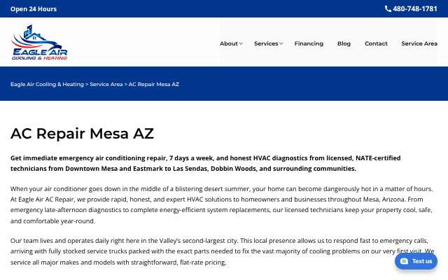 Eagle Air Cooling & Heating's page as the assistant saw it
