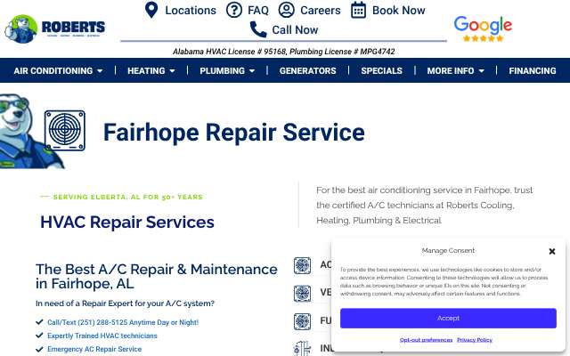 Roberts Cooling, Heating, Plumbing & Electrical's page as the assistant saw it