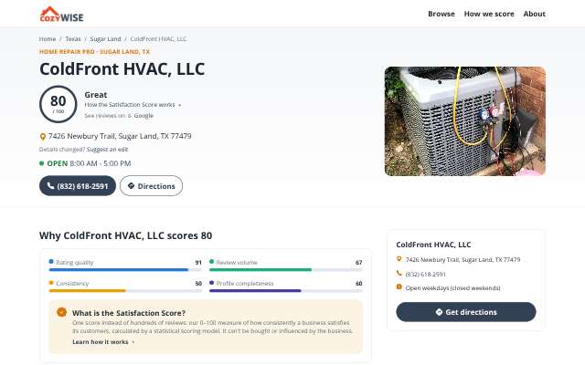ColdFront HVAC, LLC's page as the assistant saw it
