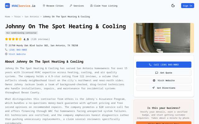 Johnny On The Spot Heating & Cooling's page as the assistant saw it