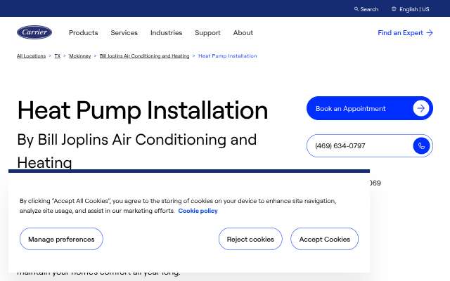 Carrier dealer listing (McKinney)'s page as the assistant saw it