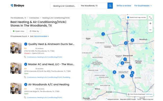 Air Woodlands A/C and Heating's page as the assistant saw it