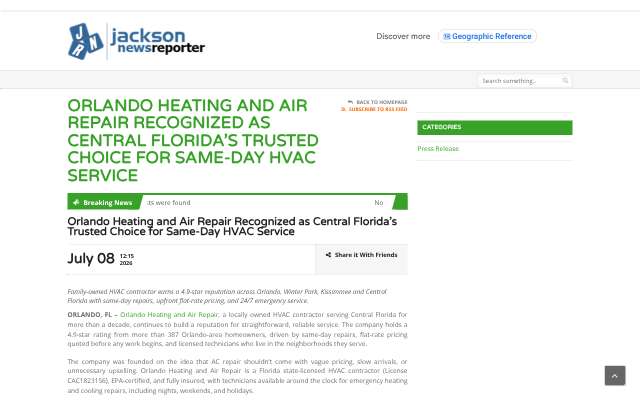 Orlando Heating and Air Repair's page as the assistant saw it