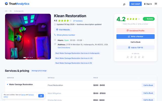 Klean Restoration's page as the assistant saw it